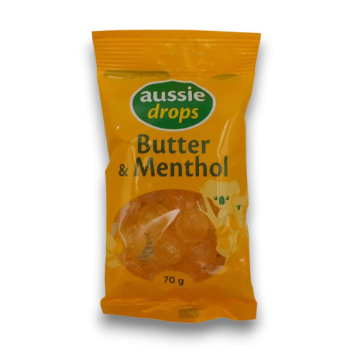 Single bag of Aussie Drops - Butter & Menthol, available in a display box.