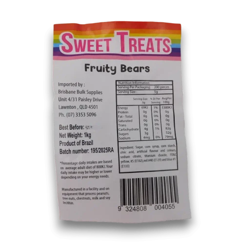 Nutritional panel of Sweet Treats - Fruity Bears (1kg bag | ~200 x 5g pcs).