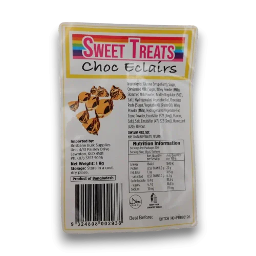 Nutritional panel of Sweet Treats - Choc Eclairs - Gold (1kg bag | ~150 x 6.7g pcs).