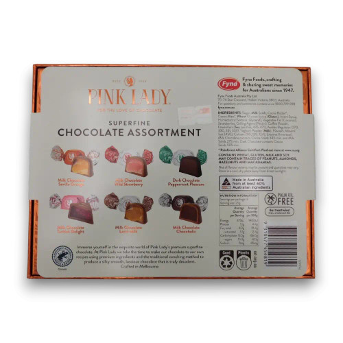 Back of Pink Lady Superfine Chocolate Assortment 200g box showing flavour variety and details, available at The Professors