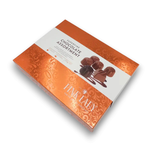 Pink Lady chocolate assortment 200g box side view showing packaging design, available at The Professors