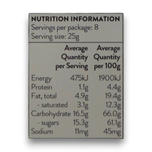 Pink Lady chocolate assortment nutrition panel on 200g box packaging, available at The Professors Online Lolly Shop