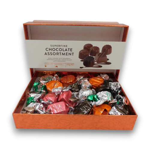 Pink Lady Superfine Chocolate Assortment 200g gift box open showing assorted wrapped chocolates, available at The Professors