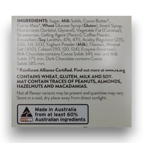 Pink Lady chocolate assortment ingredients and allergen information label close-up, available at The Professors