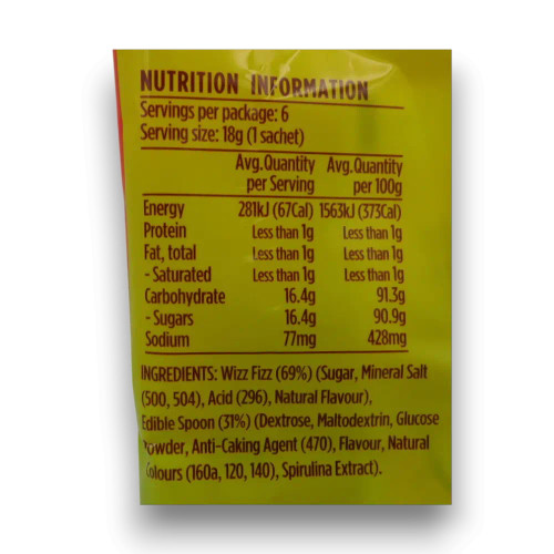 Nutritional information of Wizz Fizz - Extra Sour Sherbet (108g bag | 6 x 18g sachets).