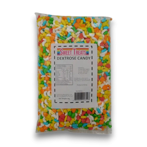 Sweet Treats Dextrose Candy 1kg bulk bag with colourful assorted shaped pressed candies, available at The Professors