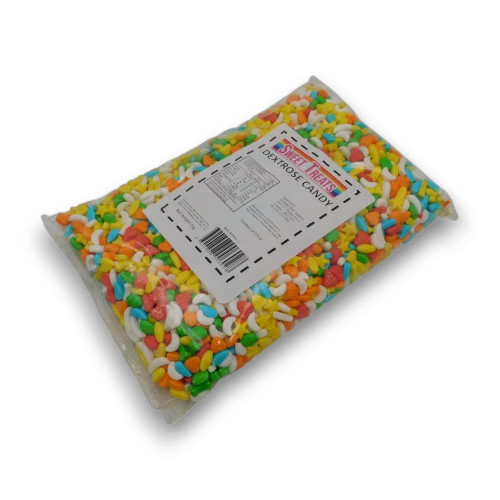 Sweet Treats Dextrose Candy 1kg bag showing variety of bright pressed candy pieces for events, available at The Professors