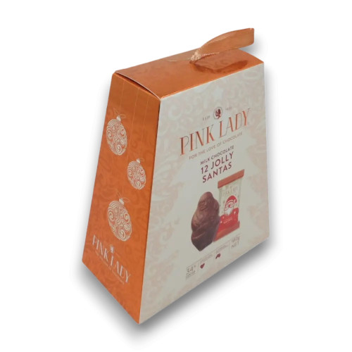 Elegant Pink Lady Christmas gift box with 12 mini milk chocolate Santas and ribbon handle, from The Professors Online Lolly Shop.