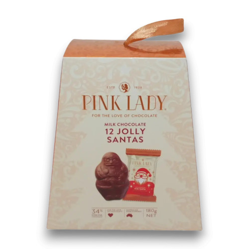 Pink Lady Milk Chocolate Santas 180g gift box containing 12 individually wrapped 15g Santas, from The Professors.