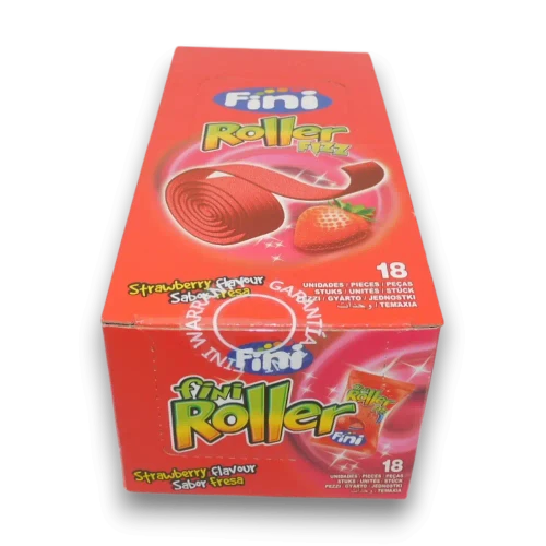Fini Roller Fizz Strawberry 18 count display box of fizzy candy packs, at The Professors Online Lolly Shop.