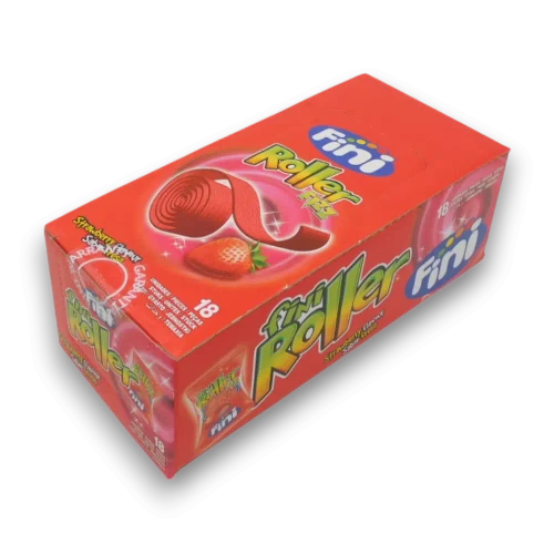 Strawberry flavoured Fini Roller Fizz novelty candy display unit, at The Professors Online Lolly Shop.