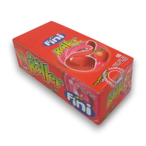 Fini Roller Fizz Strawberry 18 pack display unit with fizzy roller candy, at The Professors Online Lolly Shop.