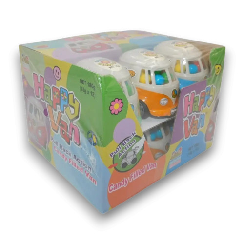 Happy Van novelty candy van with pull-back action, filled with assorted candies, 15g per van, available at The Professors