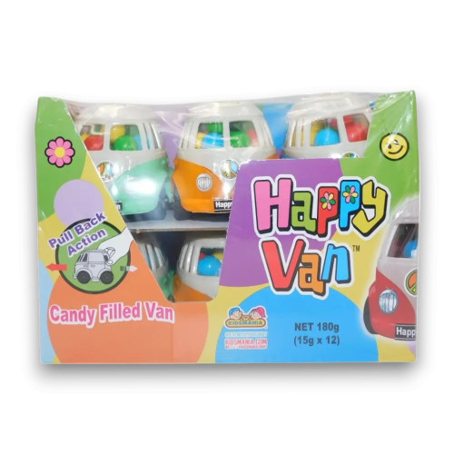 Happy Van candy-filled toy with colourful candies, featuring pull-back racing action, 12-pack at The Professors Online Lolly Shop
