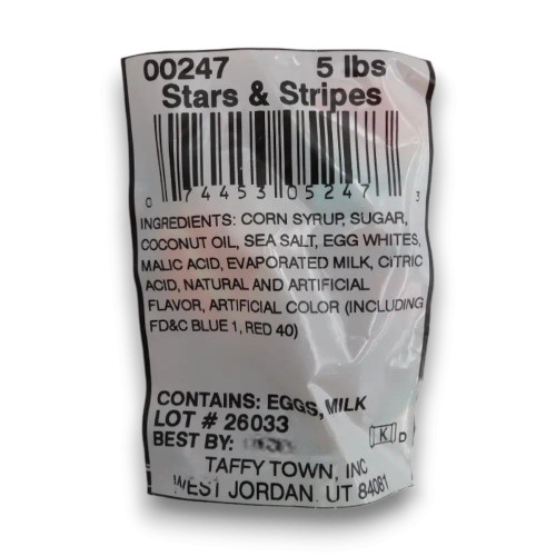 Taffy Town Stars & Stripes salt water taffy ingredient label for 2.3kg bulk bag, available at The Professors Online Lolly Shop.
