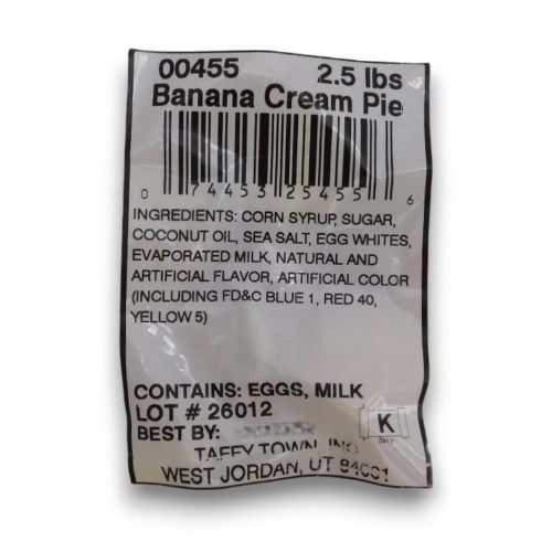 Taffy Town Banana Cream Pie salt water taffy ingredient label for 1.1kg bulk bag, available at The Professors Online Lolly Shop.