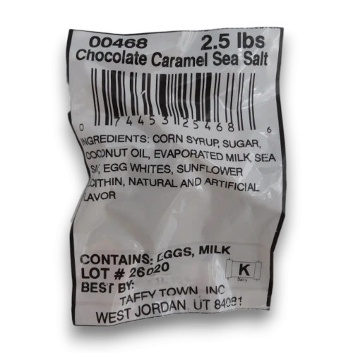 Taffy Town Chocolate Caramel Sea Salt Salt Water Taffy ingredient and nutrition label on bulk packaging bag.