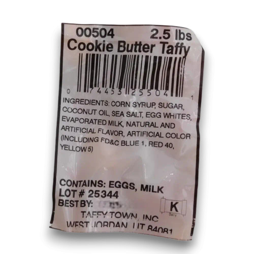 Taffy Town Cookie Butter Salt Water Taffy ingredient and nutrition label shown on 1.1kg bulk packaging bag.