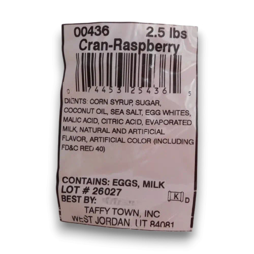 Taffy Town Cran-Raspberry Salt Water Taffy ingredient and nutrition label displayed on 1.1kg bulk packaging bag.