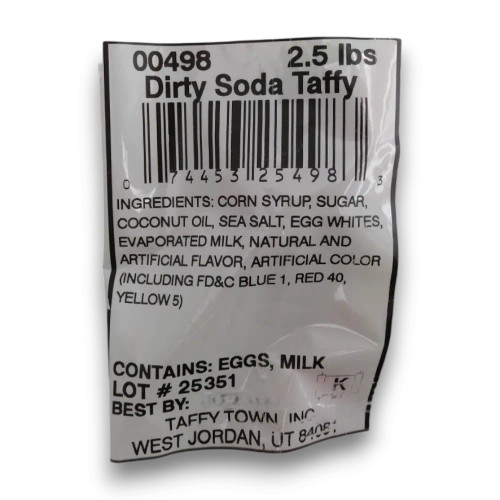 Taffy Town Dirty Soda Salt Water Taffy ingredient and nutrition label displayed on 1.1kg packaging bag.