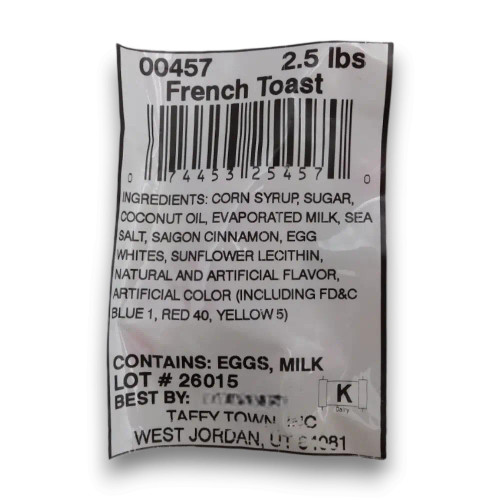 Taffy Town French Toast Salt Water Taffy ingredient and nutrition label displayed on bulk confectionery packaging.
