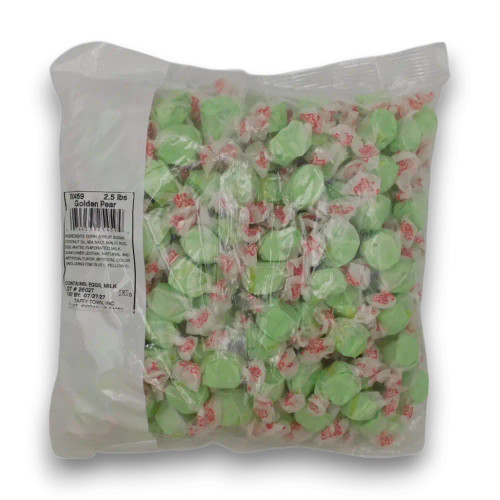 Taffy Town Golden Pear Salt Water Taffy bulk bag filled with individually wrapped green pear flavoured taffy pieces.