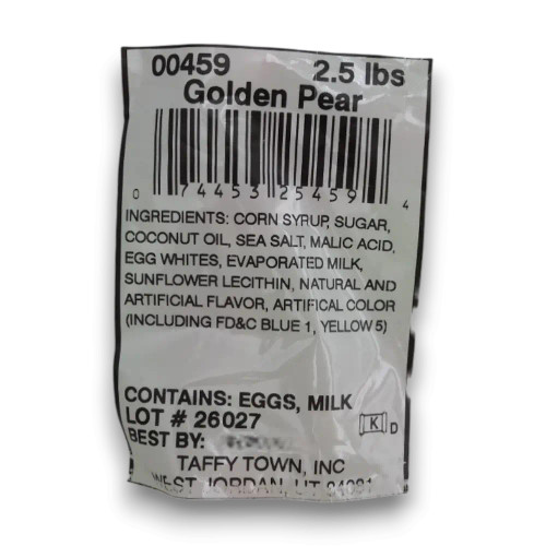 Taffy Town Golden Pear Salt Water Taffy ingredient and nutrition label displayed on bulk confectionery packaging.