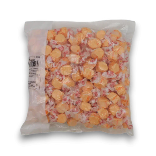 Bulk 1.1kg bag of Taffy Town Orange Salt Water Taffy with approximately 162 individually wrapped 7g pieces.