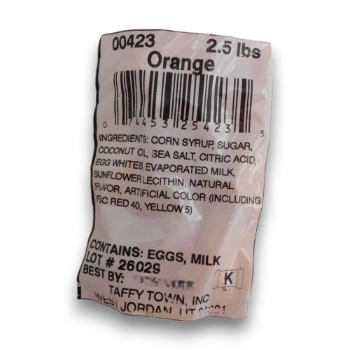 Nutritional and ingredient label for Taffy Town - Salt Water Taffy - Orange Taffy, stocked by The Professors Online Lolly Shop.