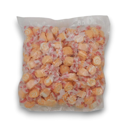 Taffy Town Salt Water Taffy Orange Cream 1.1kg bulk bag with wrapped orange and white swirl taffy pieces at The Professors Online Lolly Shop.