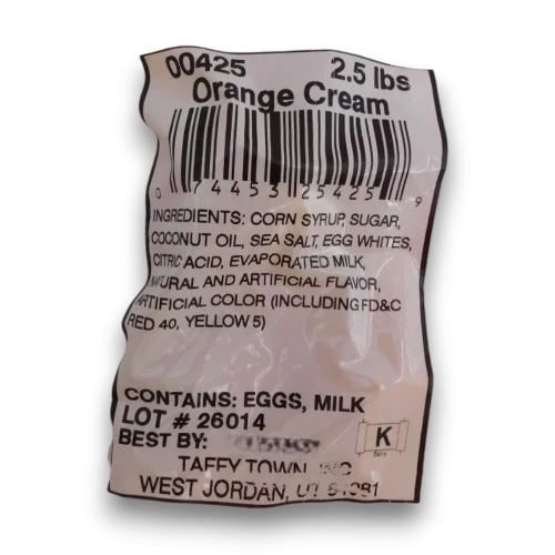 Taffy Town Salt Water Taffy Orange Cream flavour ingredient and nutrition label panel, available at The Professors Online Lolly Shop.