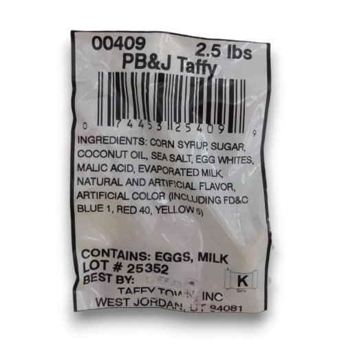 Taffy Town Salt Water Taffy PB&J flavour ingredient and nutrition label panel, available at The Professors Online Lolly Shop.