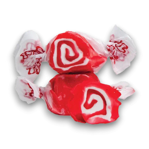 Close-up of Red Licorice Swirls flavoured Taffy Town salt water taffy pieces with red and white swirl pattern, available at The Professors