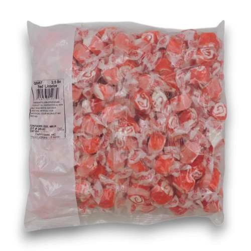 Taffy Town Red Licorice Swirls salt water taffy bulk bag with individually wrapped pieces, available at The Professors