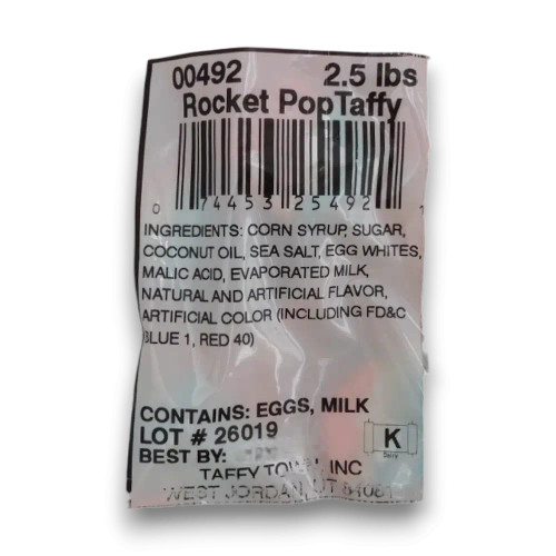 Nutritional panel of Taffy Town Salt Water Taffy Rocket Pop 1.1kg bulk bag