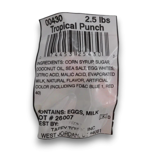 Nutritional panel of Taffy Town - Salt Water Taffy - Tropical Punch (1.1kg bag | ~162 x 7g pcs)