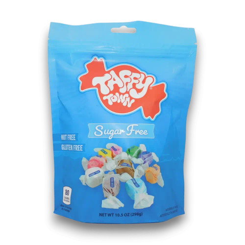 Front view of Taffy Town Sugar Free salt water taffy 298g assorted flavour bag, available at The Professors Online Lolly Shop.