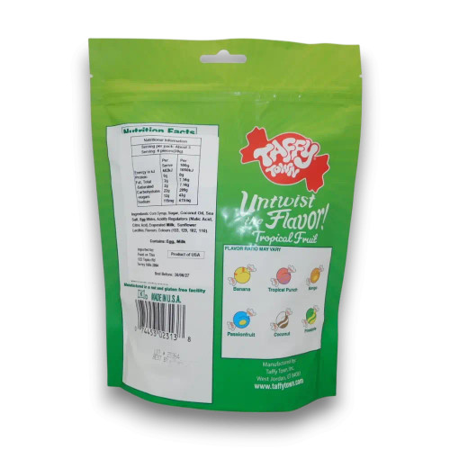 Rear view of Taffy Town Tropical Mix gourmet salt water taffy 340g bag, available at The Professors Online Lolly Shop.
