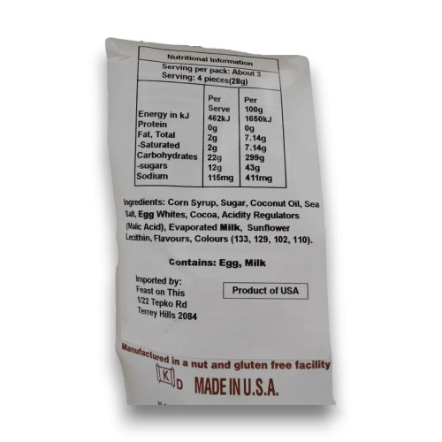 Taffy Town Go Bananas taffy nutrition and ingredient panel on 340g bag, available at The Professors Online Lolly Shop.