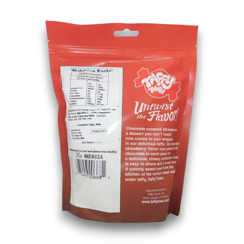 Rear view of Taffy Town Chocolate Covered Strawberry salt water taffy 340g bag, available at The Professors Online Lolly Shop.