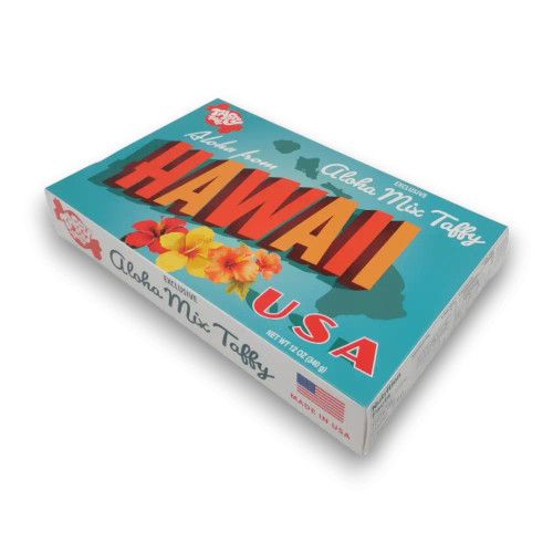 Right angle view of Taffy Town Hawaii themed salt water taffy 340g gift box, available at The Professors Online Lolly Shop.