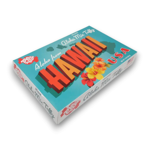 Left angle view of Taffy Town Hawaii salt water taffy gift box with tropical design, available at The Professors Online Lolly Shop.