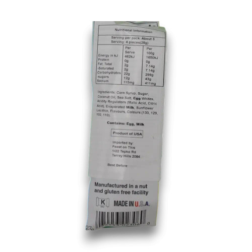 Taffy Town Tropical Fruits salt water taffy nutrition and ingredient panel, available at The Professors Online Lolly Shop.