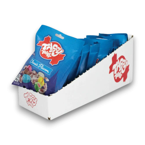 Taffy Town Classic Assortment display unit holding 12 x 99g salt water taffy bags, available at The Professors Online Lolly Shop.