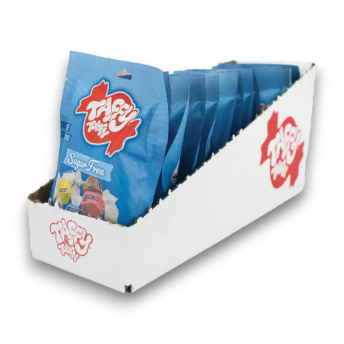 Right side angle of Taffy Town Sugar Free Assortment shipping carton for 12 x 85g taffy bags, available at The Professors