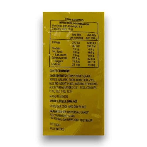 Nutritional information of Canels - Jarritos - Sour Gummies (113g bag)
