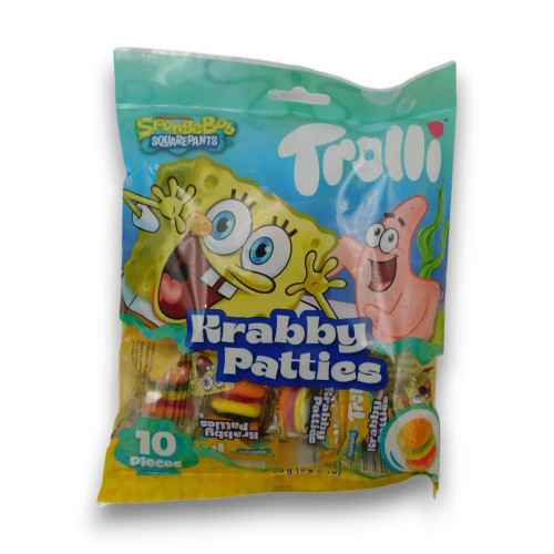 Trolli SpongeBob SquarePants Krabby Patties 90g bag with individually wrapped gummy burger lollies from The Professors.