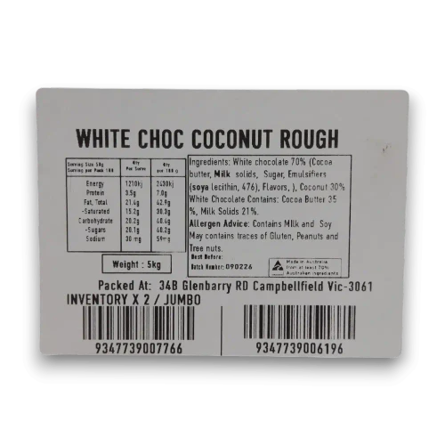 Product label for Choco Nuts White Chocolate Coconut Rough 5kg box showing nutrition panel, ingredients and allergen information