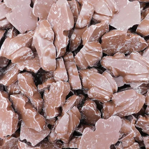 Close-up of Choco Nuts frog-shaped milk chocolate pieces from a 5kg box, at The Professors Online Lolly Shop.