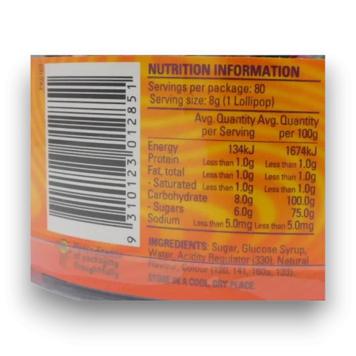 Nutritional information of Wizz Fizz - Sour Pops (640g tub | ~80 x 8g pops)